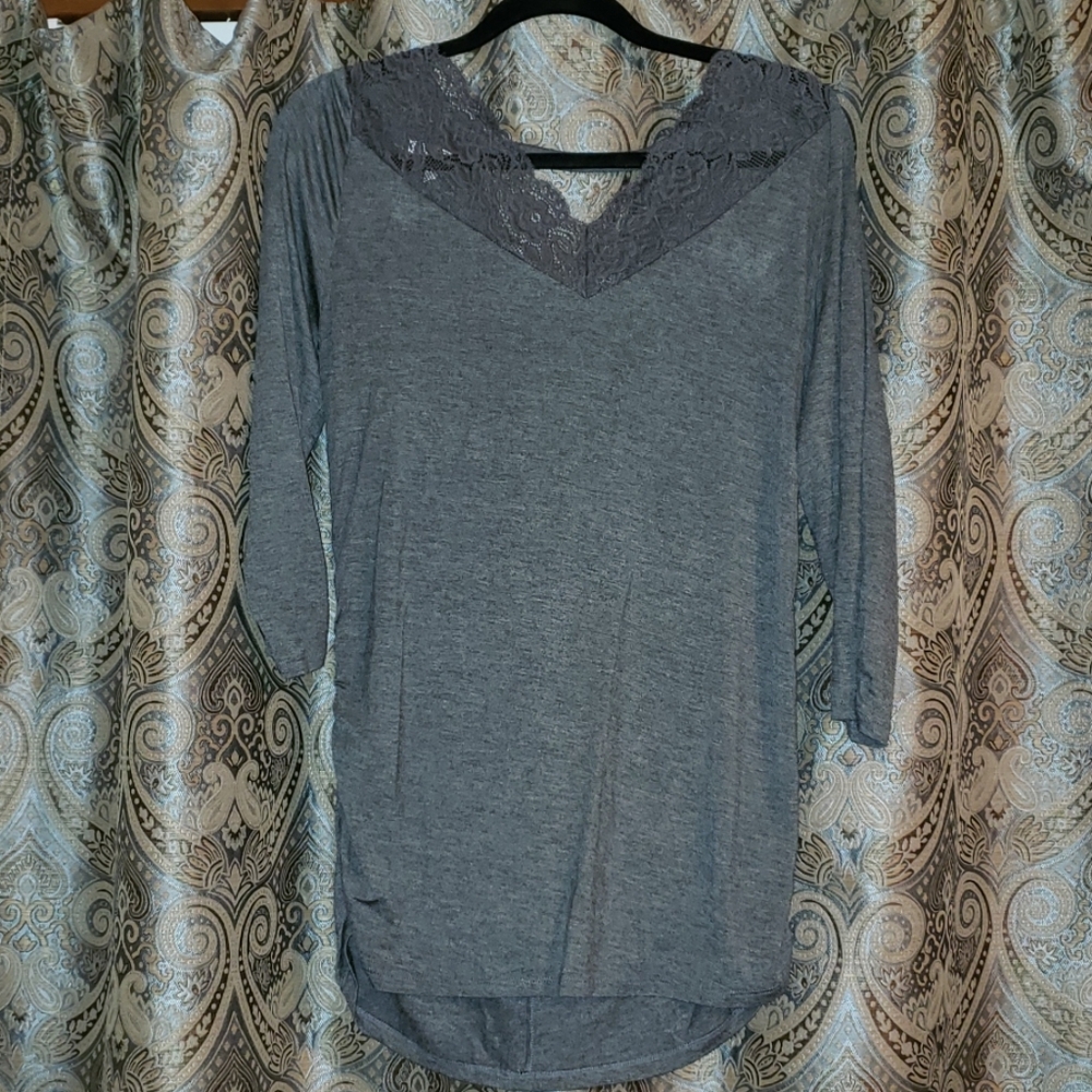 Gray blouse w/lace yoke